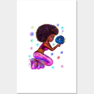 Black anime mermaid with blue tang fish and bubbles. Pretty black girl with Afro hair, green eyes, Cherry pink lips and dark brown skin. Hair love ! Posters and Art